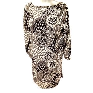 Ann Taylor Loft Dress Long Sleeves Flower Floral Geometric Black White Midi Knee
